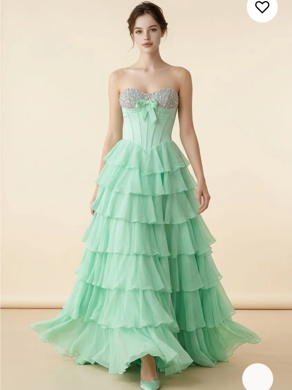 SZ 12 Strapless Mint Ruffle Tiered Prom Gown W/ Embellished Sweetheart Bodice